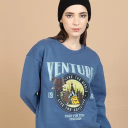 Tokyo Talkies Blue Typography Printed Round Neck Oversized Pullover Sweatshirt-picture-31