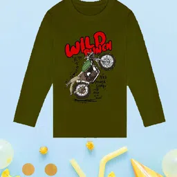 NUSYL Boys Olive Green Biker Printed Applique T-shirt-picture-21