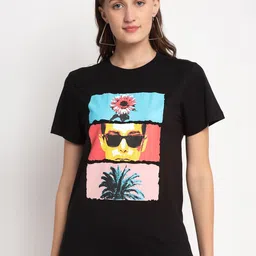 DOOR74 Women Black & Peach-Coloured Printed Cotton T-shirt-image-22
