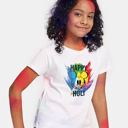 BONKIDS Girls White Happy Holi Disney Printed Cotton T-shirt-image-58