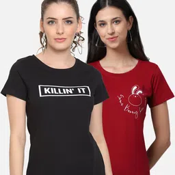 UnaOne Pack Of 2 Women Maroon & Black Typography Printed T-shirt-image-5