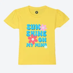 YK Girls Yellow Typography Printed Pure Cotton Applique T-shirt-image-16