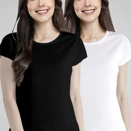 Pootlu Women Set Of 2 Black & White Solid Cotton T-shirt-image-34