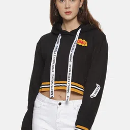 Campus Sutra Women Black Hooded Cotton Crop Pullover Sweatshirt-image-31