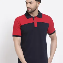 Kalt Men Red & Navy Blue Colourblocked Polo Collar T-shirt-image-31
