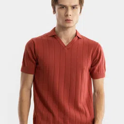Snitch Orange Striped Polo Collar Slim Fit Cotton T-shirt-picture-25