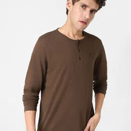 Urbano Fashion Men's Cocoa Brown Solid Henley Neck Slim Fit Full Sleeve Cotton T-Shirt-picture-31
