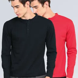 appulse Men Pack of 2 Red & Black Solid Mandarin Collar Slim Fit Cotton T-shirts-picture-14