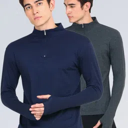 appulse Men Navy Blue & Grey Pack of 2 One-Fourth Zipper Thumb-Open Cotton T-shirt-picture-55