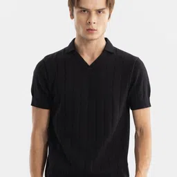 Snitch Black Ribbed Polo Collar Slim Fit Cotton T-shirt-picture-37