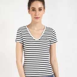 Tommy Hilfiger Women Striped V-Neck Cotton T-shirt image 1