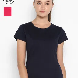 appulse Women Pink & Navy Blue Pack of 2 Slim Fit Cotton Running T-shirt-image-60