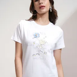 Tokyo Talkies Women Sticker with Embellished Flower Regular Fit T-Shirt-picture-30