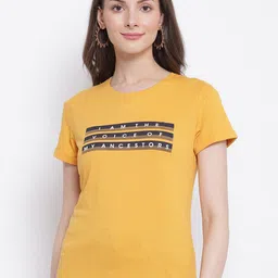 Cantabil Women Mustard Yellow Typography Printed T-shirt-image-10