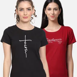 UnaOne Women Pack Of 2 Maroon & Black Typography Printed Pure Cotton T-shirt-picture-15