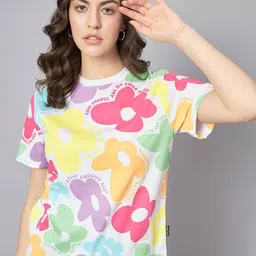 The Dry State White & Pink Floral Printed Loose Cotton T-shirt-picture-32