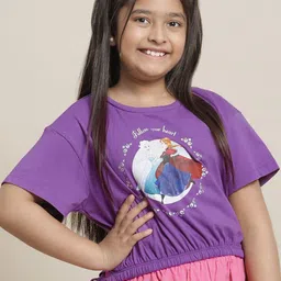 Kids Ville Girls Frozen Graphic Drop-Shoulder Sleeves Pure Cotton Relaxed Fit T-Shirt-image-56