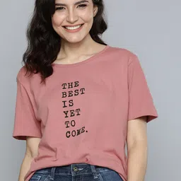 here&now HERENOW Women Pink  Black Typography Printed Pure Cotton T-shirt-picture-17