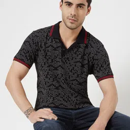 Mufti Geometric Printed Polo Collar Slim Fit Pure Cotton T-shirt-picture-39