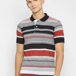 Routeen Men Grey & Black Striped Polo Collar Slim Fit Cotton T-shirt-picture-16