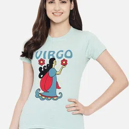 Fabflee Women Turquoise Blue Printed Round Neck Cotton T-shirt-picture-26