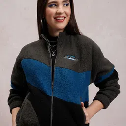 Tokyo Talkies Grey Colourblocked Mock Collar Front-Open Sweatshirt-picture-47