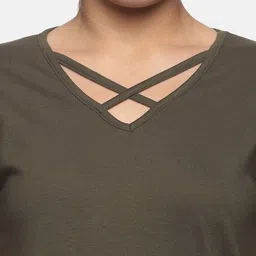 Trends Tower Women Olive Green V-Neck Pure Cotton T-shirt image 3