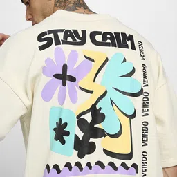 VEIRDO Beige Typography Printed Fleece Pullover Sweatshirt image 2