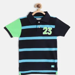 Cherry Crumble Unisex Kids Navy Blue Striped Polo Collar T-shirt image 3