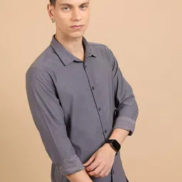 HIGHLANDER Grey Slim Fit Spread Collar Casual Shirt image 3