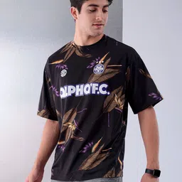 The Indian Garage Co Black Tropical Printed Drop Shoulder Sleeves Oversized T-shirt image 3