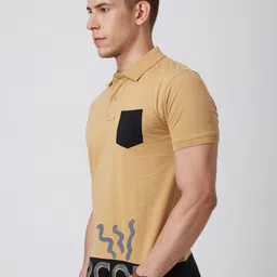 YAK YAK Men Beige Black Typography Printed Polo Collar Slim Fit Pure Cotton T-shirt image 5