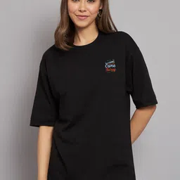 Imsa Moda Typography Printed Drop-Shoulder Sleeves Cotton Oversized T-Shirt image 2