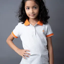 GREENDIGO Girls Grey Melange & Orange Solid Polo Collar Organic Cotton T-shirt-picture-44