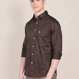 U.S. Polo Assn. Men Brown Solid Pure Cotton Satin Shirt image 4