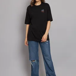 Imsa Moda Typography Printed Drop-Shoulder Sleeves Cotton Oversized T-Shirt image 3