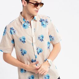 SHOWOFF Standard Slim Fit Floral Printed Spread Collar Oxford Cotton Casual Shirt-picture-1