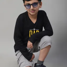 Friskers Boys Black Typography Printed V-Neck Applique T-shirt image 3