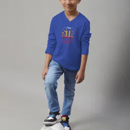 Friskers Boys Blue Typography Printed V-Neck Applique T-shirt image 4
