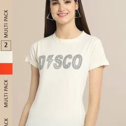 Fabflee Women Off White & Orange Typography Pack of 2 Printed Cotton T-shirt-picture-41