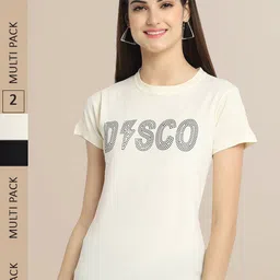 Fabflee Women Off White & Black Pack of 2 Typography Printed Cotton T-shirts-image-95