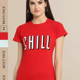 Fabflee Women Red & Blue Typography Printed Pack of 2 Cotton T-shirt-image-22