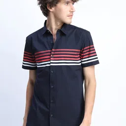 HIGHLANDER Men Navy Blue Slim Fit Horizontal Stripes Printed Casual Shirt image 1