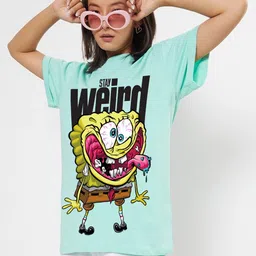 Bewakoof Women Graphic Printed Round Neck Cotton Relaxed Fit Spongebob T-shirt-image-17