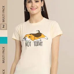 Fabflee Women Cream & Turquoise Blue Pack of 2 Printed Cotton T-shirt-picture-41