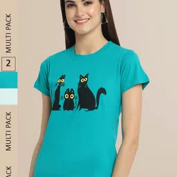 Fabflee Women Turquoise Blue & Sea Green Pack Of 2 Printed Cotton T-shirt-image-99