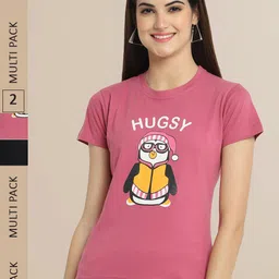 Fabflee Women Pack Of 2 Pink & Black Printed Cotton T-shirt-picture-31