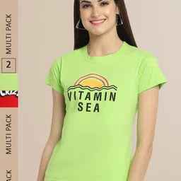 Fabflee Women Pack Of 2 Lime Green & Red Typography Printed Cotton T-shirt-picture-14