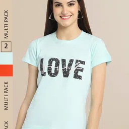 Fabflee Women Blue & Orange Pack of 2 Typography Printed Cotton T-shirt-picture-16