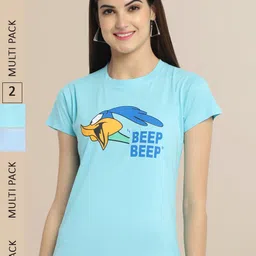 Fabflee Women Blue & Black Set Of 2 Cotton  Printed T-shirt-image-96